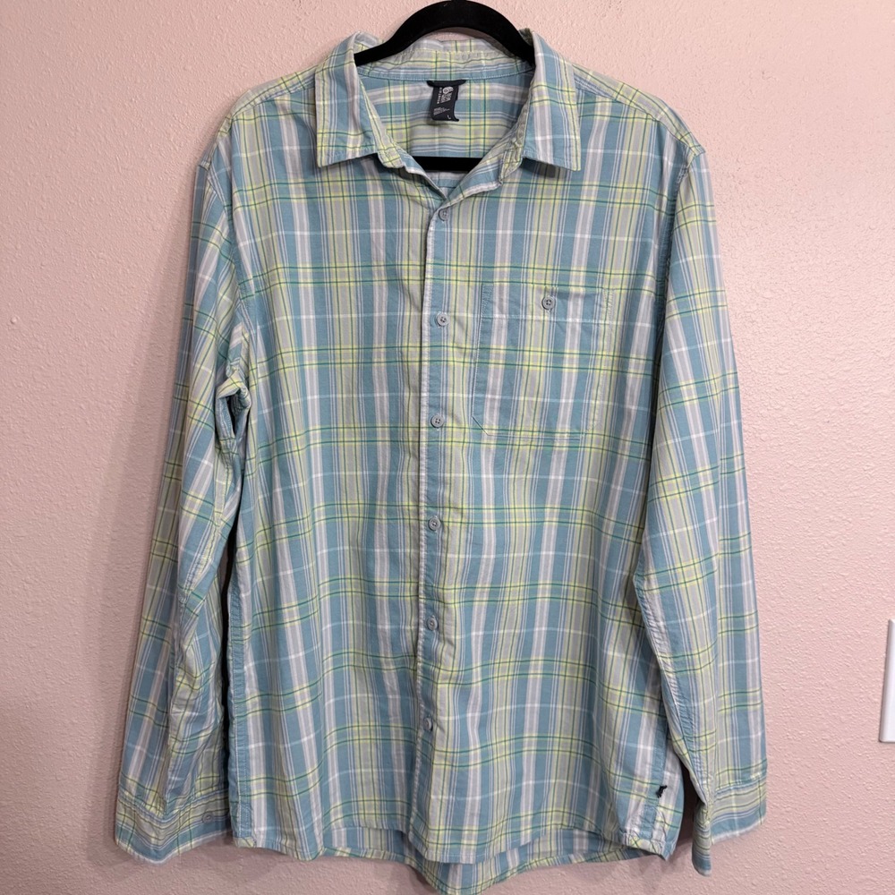 Mountain Hardwear Big Cottonwood Mens Large Plaid Button Down Shirt Blue Green